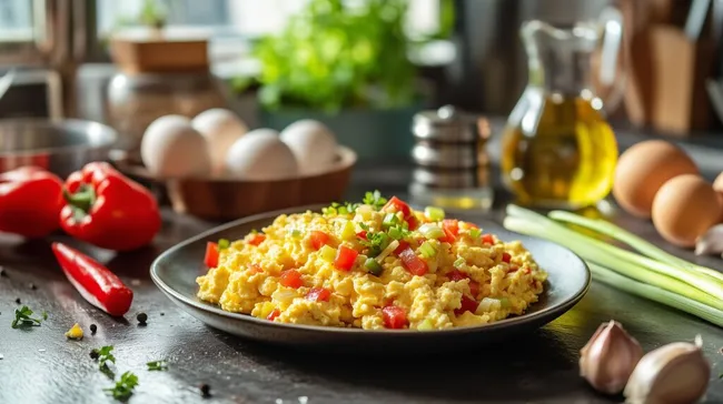 Frisches Rührei mit Paprika und Frühlingszwiebeln