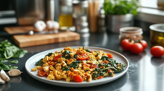 Frisches Rührei mit Spinat und Tomaten in moderner Küchenszene