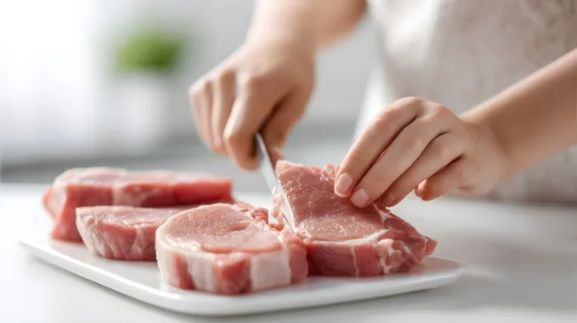 Frisches Schweinefleisch wird in der Küche geschnitten