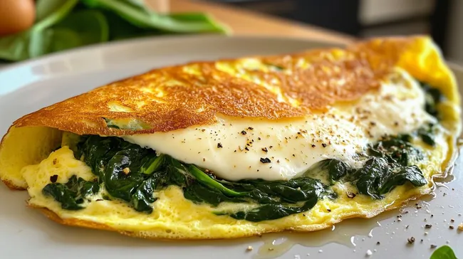 Frisches Spinat-Mozzarella-Omelett in der Pfanne