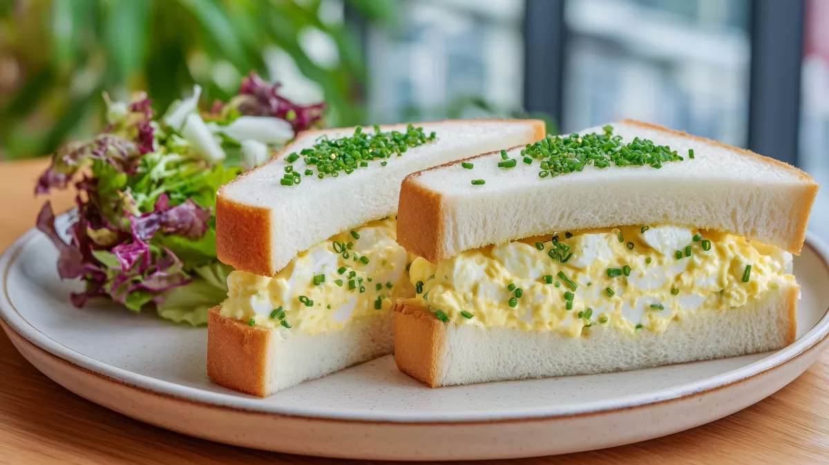 Frisches Tamago Sando mit Schnittlauch auf Teller