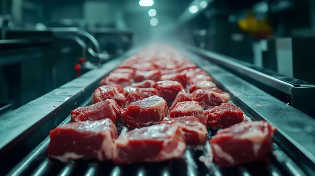 Frischfleisch auf industriellem Förderband in Fleischverarbeitungsanlage