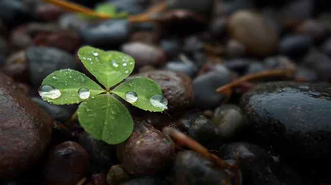 Frischgrüner Glücksklee mit Wassertropfen auf nassen Steinen