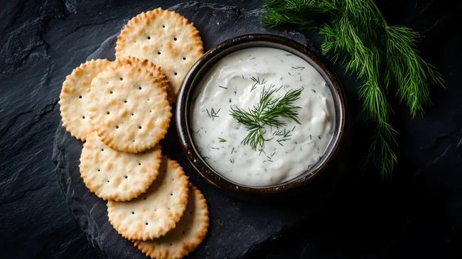 Frischkäse und Kräuter in Schale mit Crackern