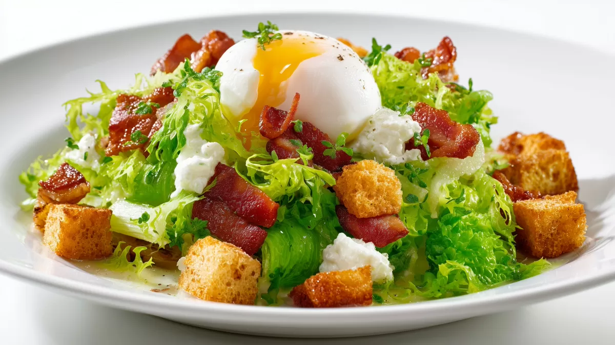 Frise Salat mit Speckwürfeln und pochiertem Ei