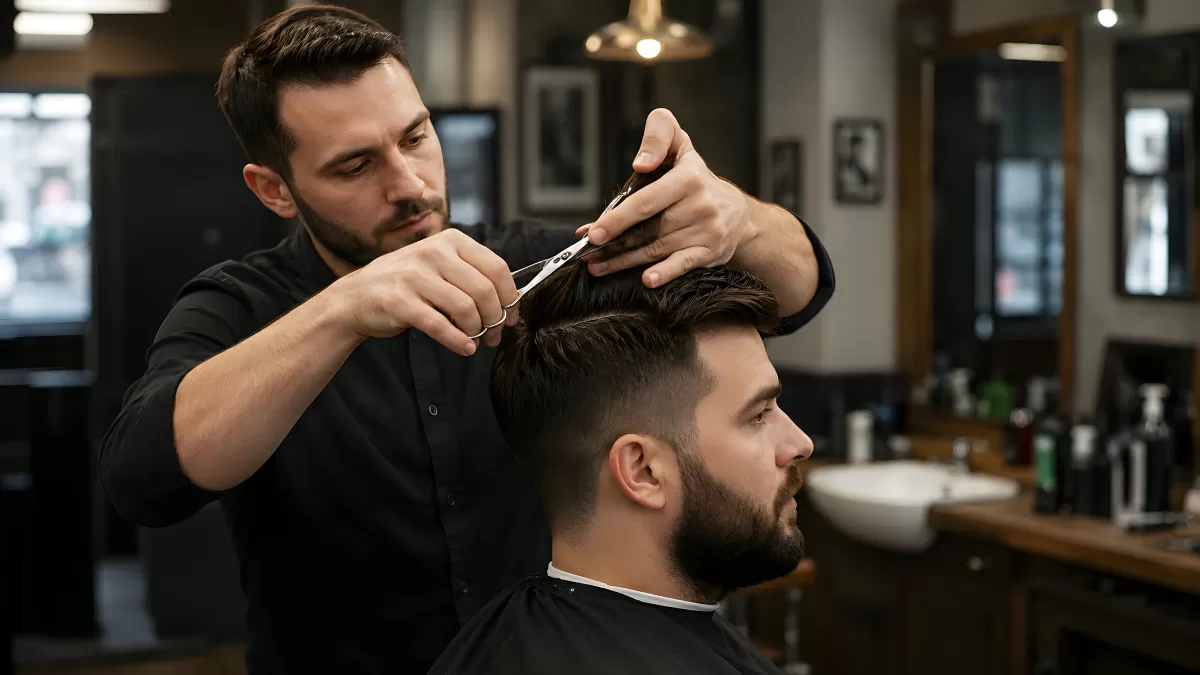 Friseur schneidet Haare eines Mannes im Barbershop