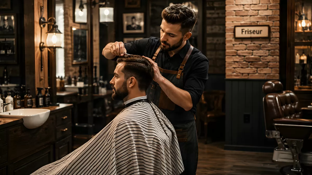Friseur schneidet Haare eines Mannes im Vintage-Barbershop