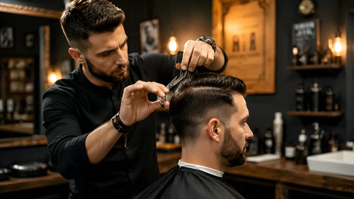 Friseur schneidet Haare in modernem Barbershop
