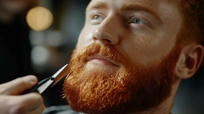 Friseur stylt dichtes rotes Bartgestrüpp eines Mannes