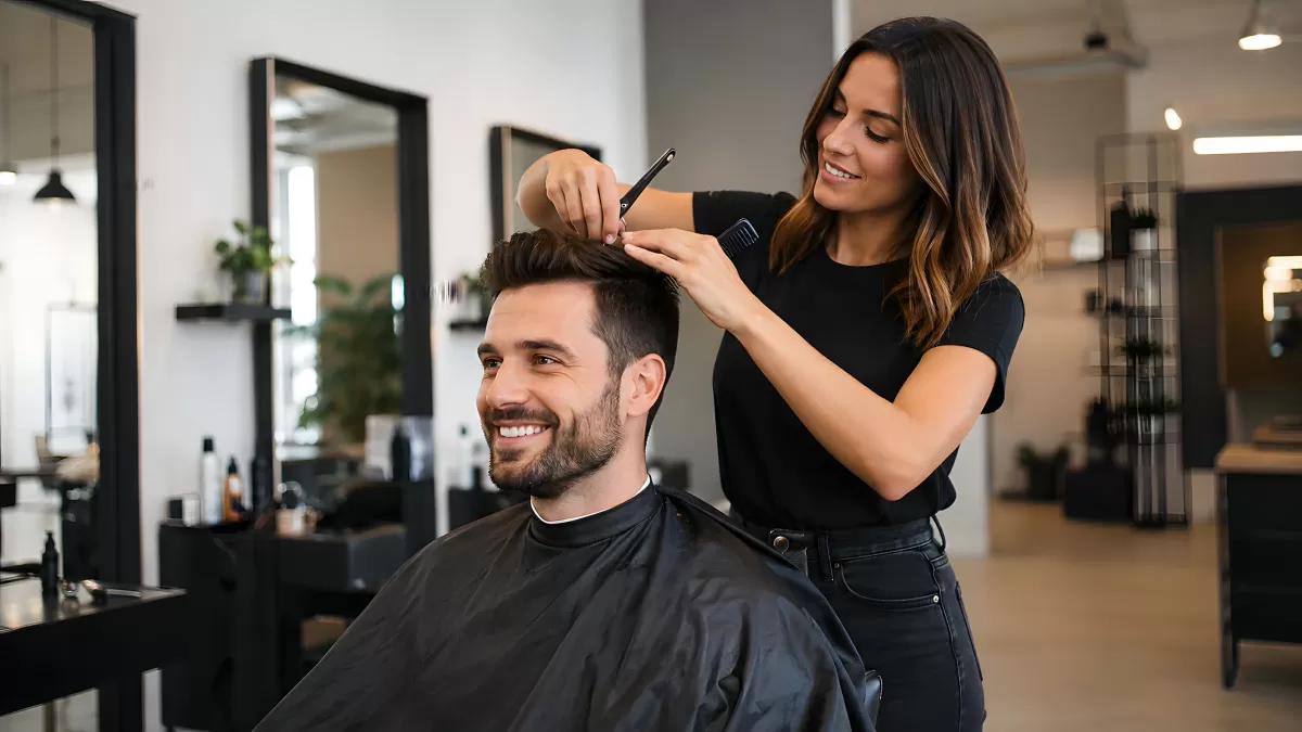 Friseurin schneidet einem Mann die Haare im Salon