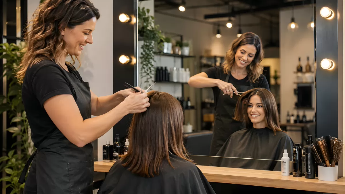 Friseurin schneidet Kundin die Haare im modernen Salon