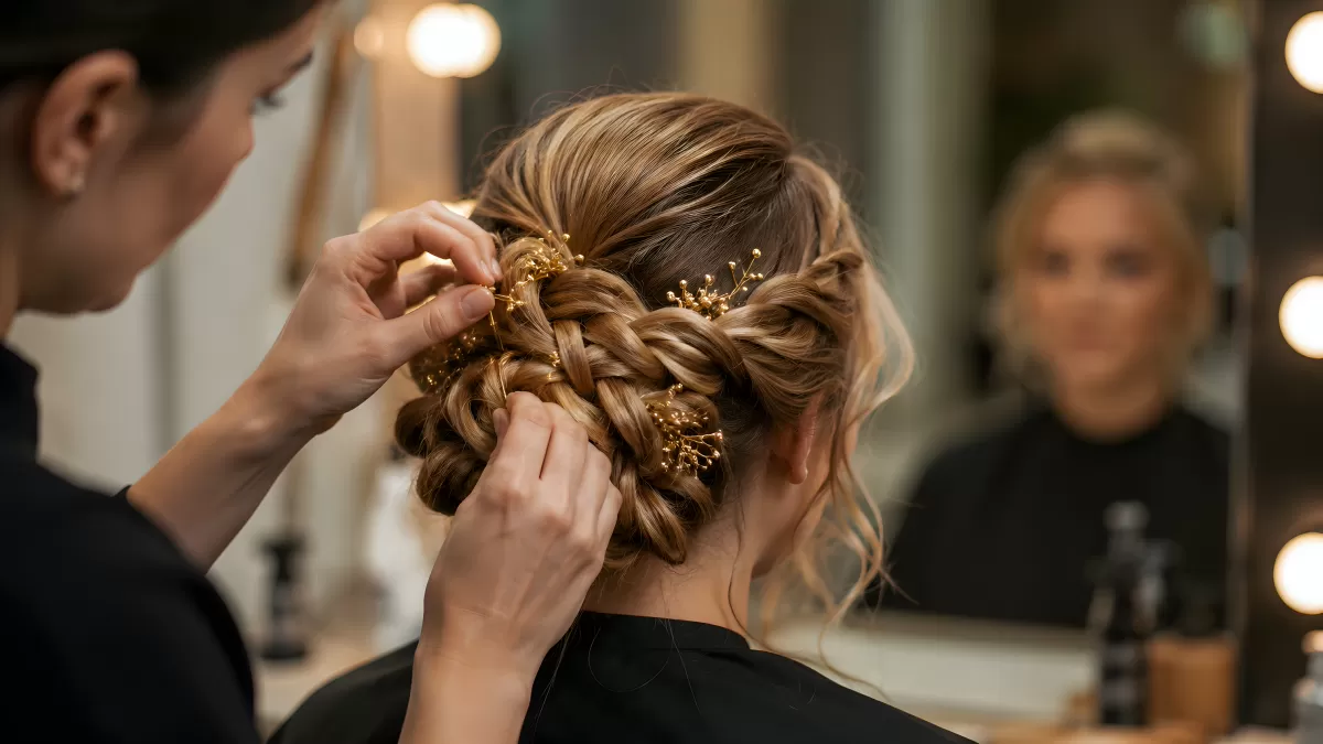 Friseurin steckt elegante Hochsteckfrisur mit Goldnadeln