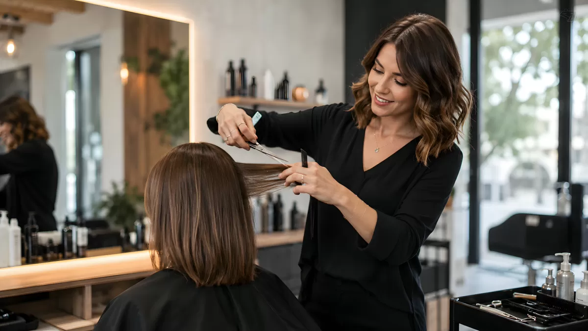 Friseurin stylt Kundin im modernen Salon