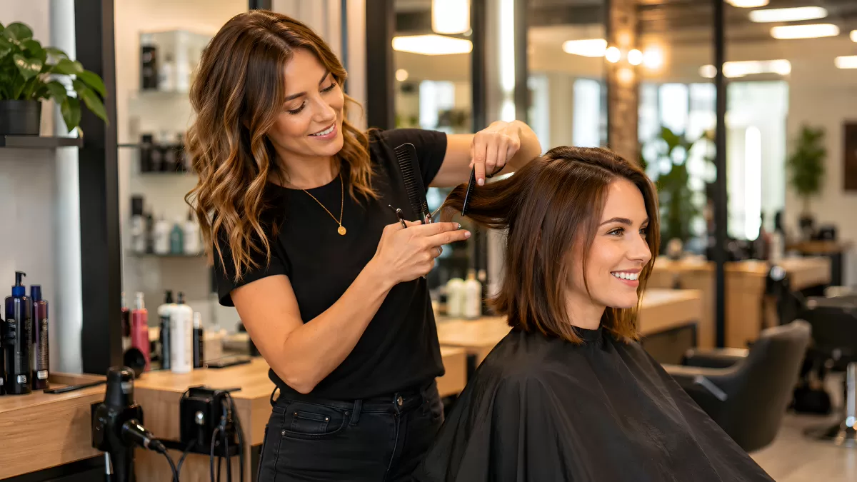 Friseurin stylt Kundin in modernem Friseursalon