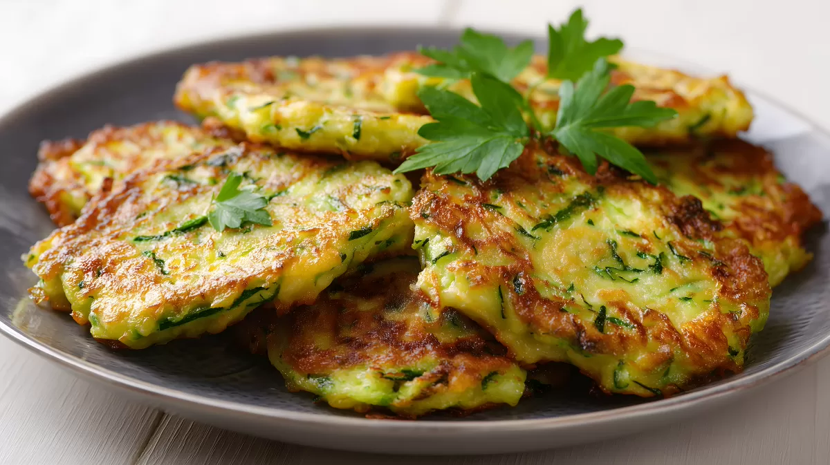 Frittierte Zucchini-Puffer auf dunklem Teller