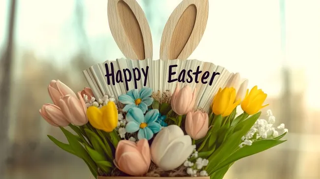 Fröhlich gestalteter Ostergruß mit Blumen und Holzhasen