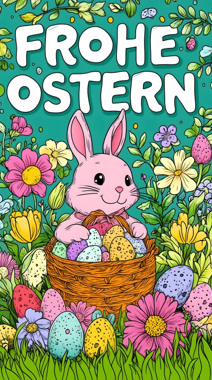 Fröhlich illustrierte Ostergrußkarte mit Häschen und Eiern