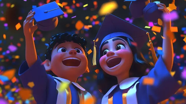 Fröhliche Absolventen werfen Kappen nach Schulabschluss