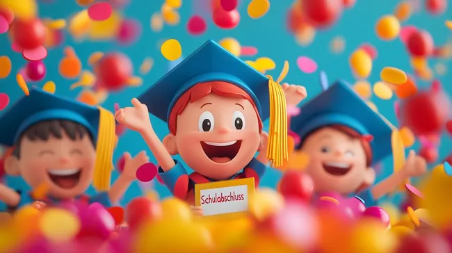 Fröhliche Absolventenfeiern mit bunten Kappen und Luftballons