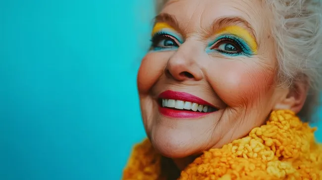 Fröhliche ältere Dame mit buntem Make-up