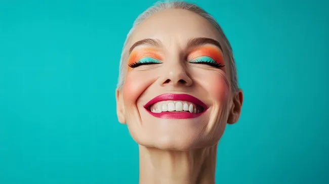 Fröhliche ältere Frau mit leuchtendem Make-up und Strahlend weißen Zähnen