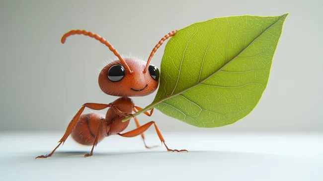 Fröhliche Ameise mit Blatt auf hellgrünem Hintergrund