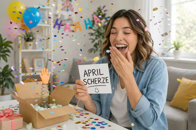 Fröhliche Aprilscherze mit Konfetti und Geschenken