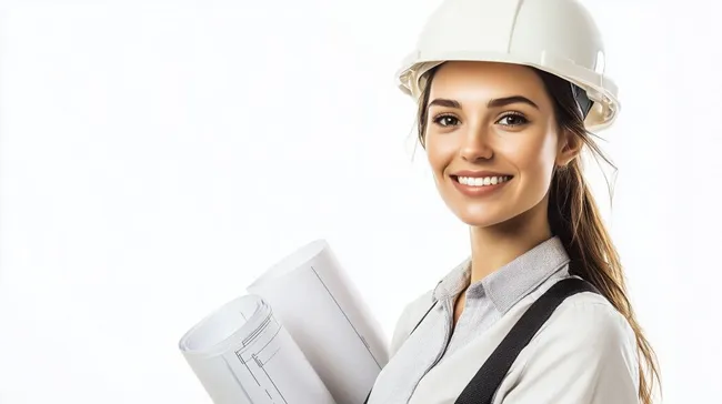 Fröhliche Architektin mit Bauhelm und Bauplänen