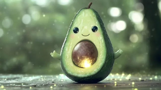 Fröhliche Avocado-Cartoon-Figur vor Bokeh-Hintergrund