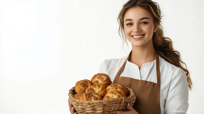 Fröhliche Bäckerin mit frisch gebackenen Brötchen