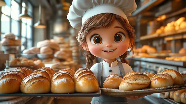 Fröhliche Bäckerin präsentiert frisch gebackene Brötchen