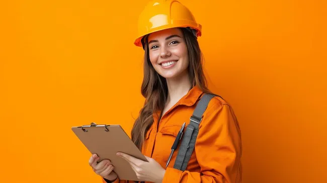 Fröhliche Bauarbeiterin mit Helm und Klemmbrett