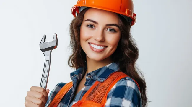 Fröhliche Bauingenieurin in Schutzausrüstung