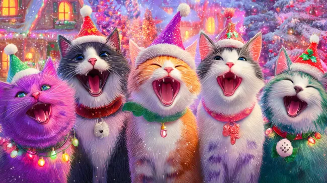 Fröhliche bunte Weihnachtskatzen mit weit aufgerissenem Maul