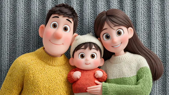 Fröhliche Cartoon-Familie vor Strickwand