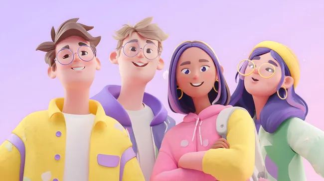 Fröhliche Cartoon-Figuren in Pastellfarben