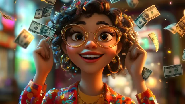 Fröhliche Cartoon-Geschäftsfrau mit Geld und Konfetti