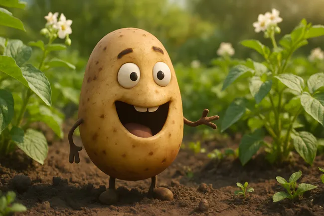 Fröhliche Cartoon-Kartoffel auf Gemüsefeld