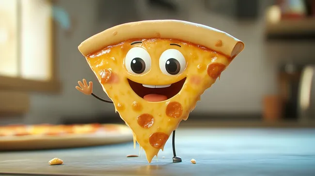 Fröhliche Cartoon-Pizza mit großem Lächeln