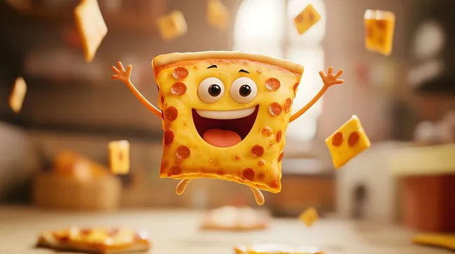 Fröhliche Cartoon-Pizza mit lächelndem Gesicht