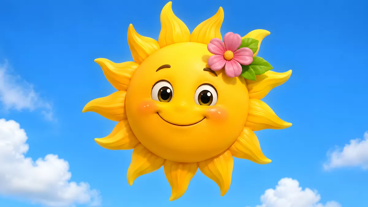 Fröhliche Cartoon-Sonne mit Blume am blauen Himmel