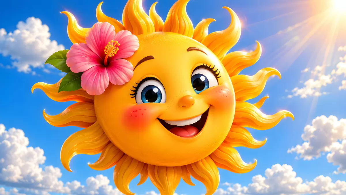 Fröhliche Cartoon-Sonne mit Hibiskusblüte am Himmel