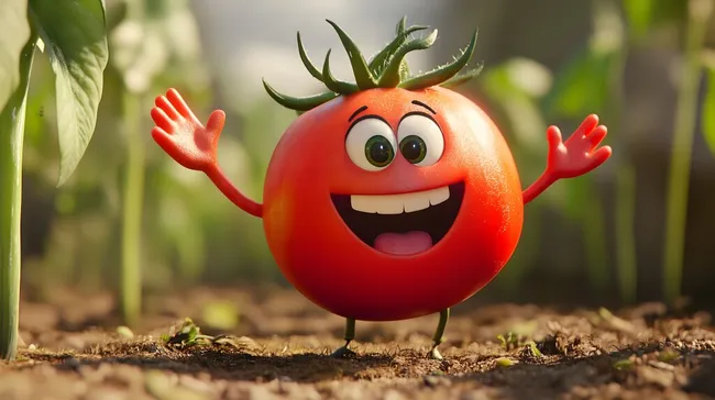 Fröhliche Cartoon-Tomate mit grossen Augen und Armen