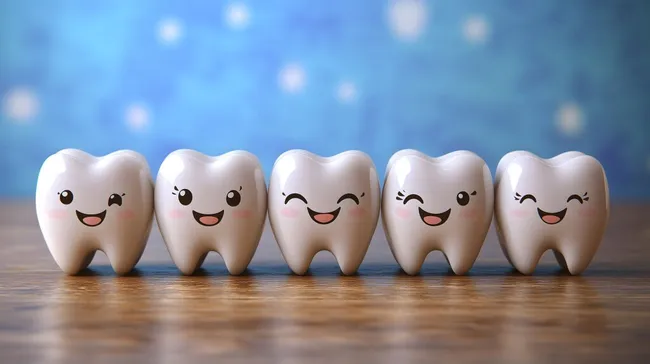 Fröhliche Cartoon-Zähne mit Lächeln auf Holztisch