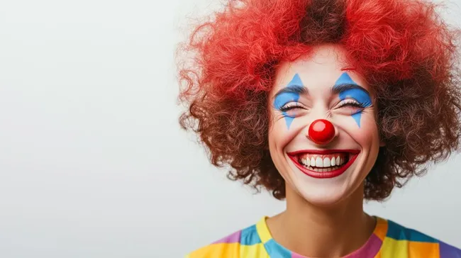 Fröhliche Clownsfrau mit bunter Lockenmähne