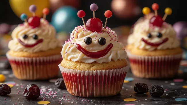 Fröhliche Cupcakes mit Clown-Dekor