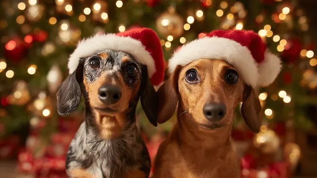 Fröhliche Dackel in Weihnachtskostümen
