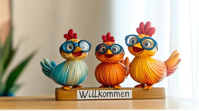 Fröhliche Dekofiguren: Bunte Hühner mit Brillen