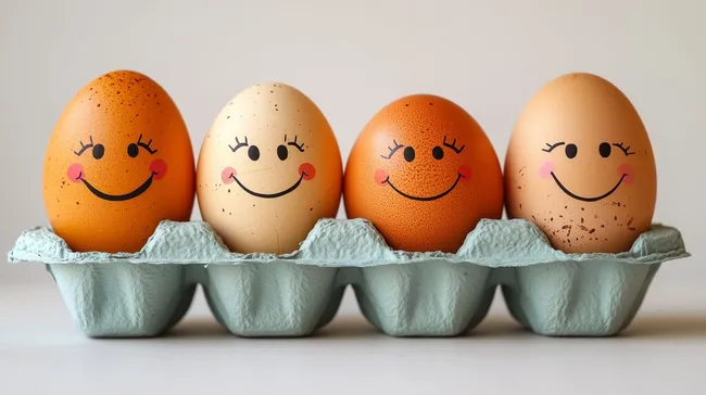 Fröhliche Eier mit Lächeln in Pappschachtel