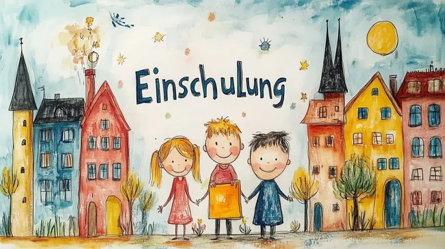 Fröhliche Einschulung mit bunten Häusern und lachenden Kindern